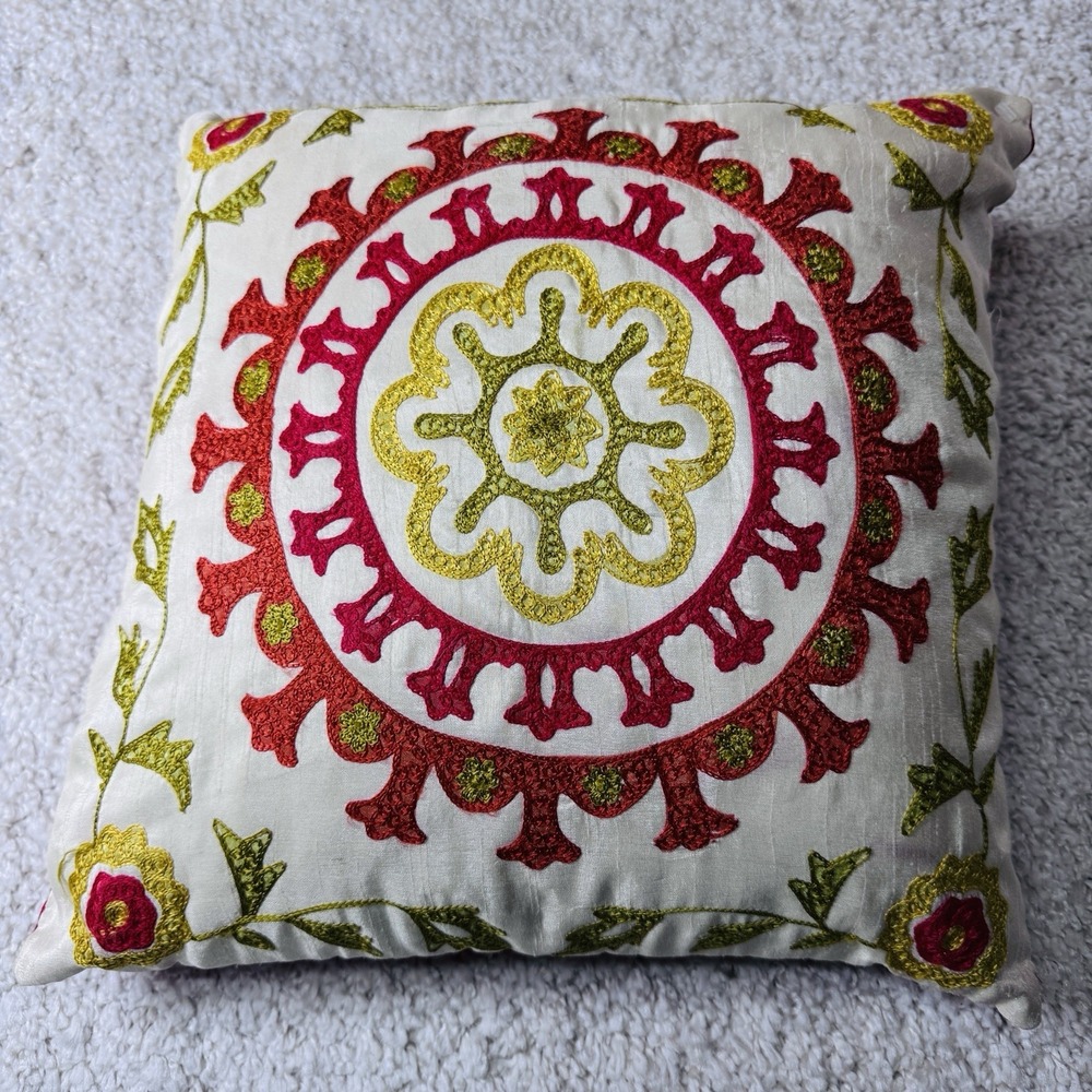 Pier 1 Embroidered Floral Appliqué Case Only Red Blue Green Orange 16X 16 Satin